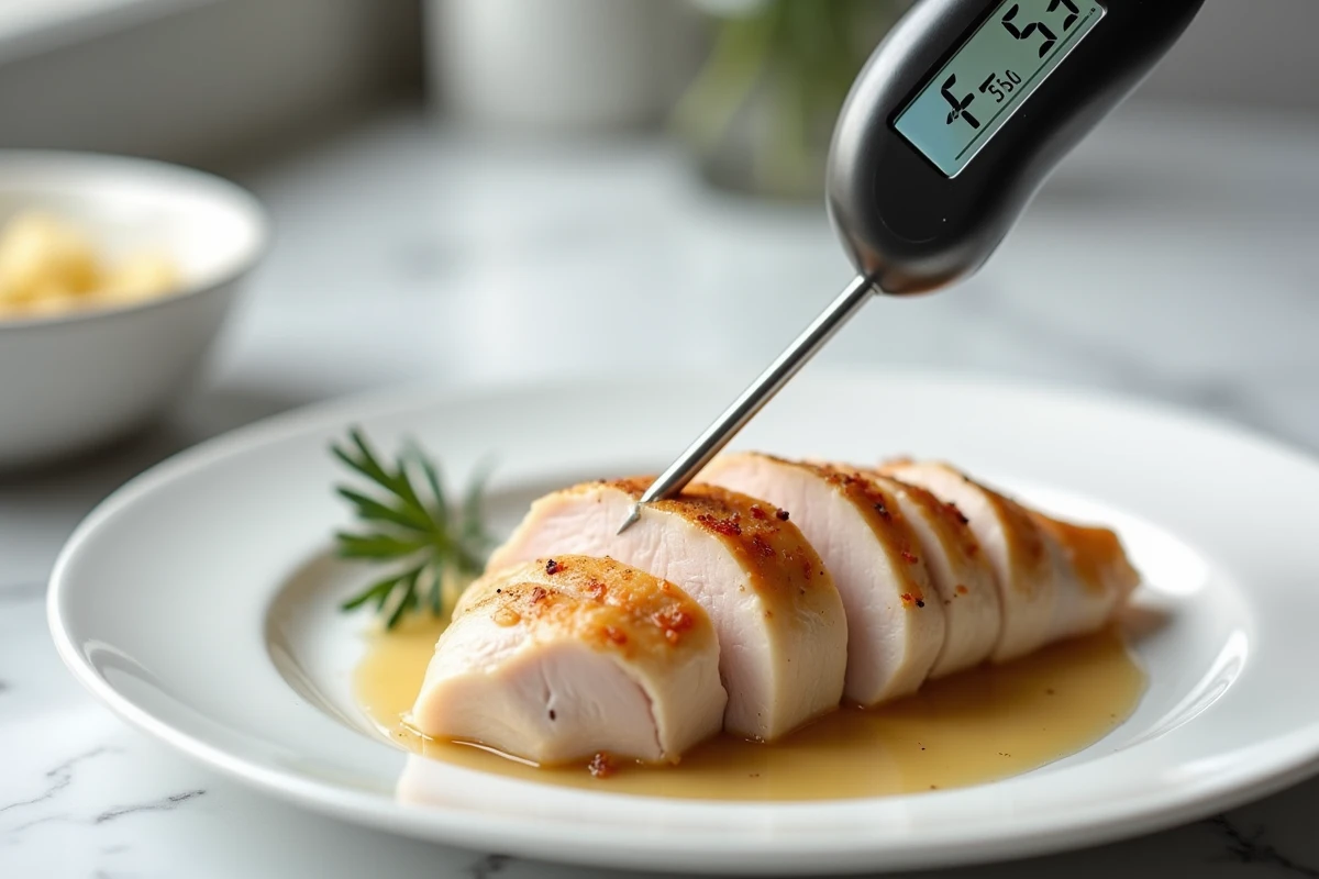 Gros plan d'un thermomètre de cuisson indiquant 75°C inséré dans un blanc de poulet tranché sur assiette blanche