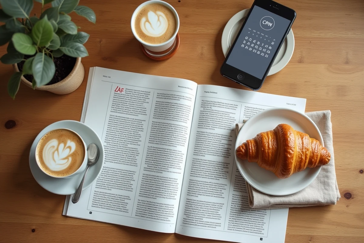 Guide TV ouvert sur une table avec croissant et café pour planifier le visionnage du Meilleur Pâtissier