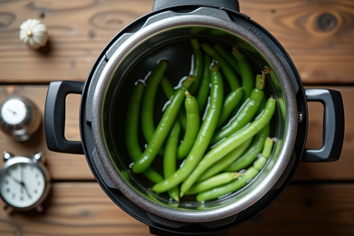 Vue de dessus d'une cocotte-minute remplie de haricots verts frais prête à être fermée pour la cuisson