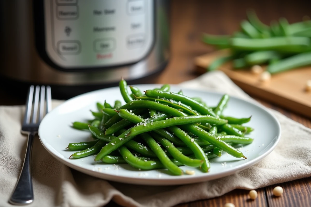 Assiette de haricots verts cuits à la cocotte-minute assaisonnés d'huile d'olive et de fleur de sel sur une table rustique