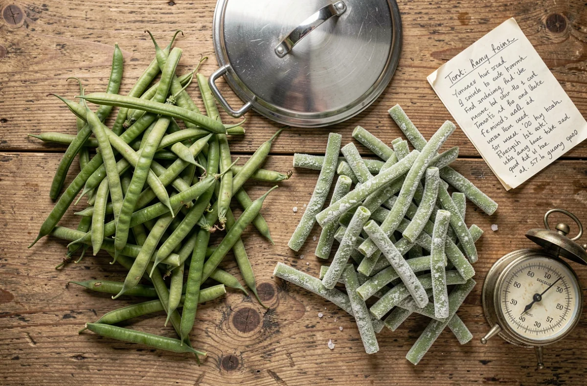 Comparaison haricots verts frais et surgelés posés à côté d'une cocotte-minute ouverte
