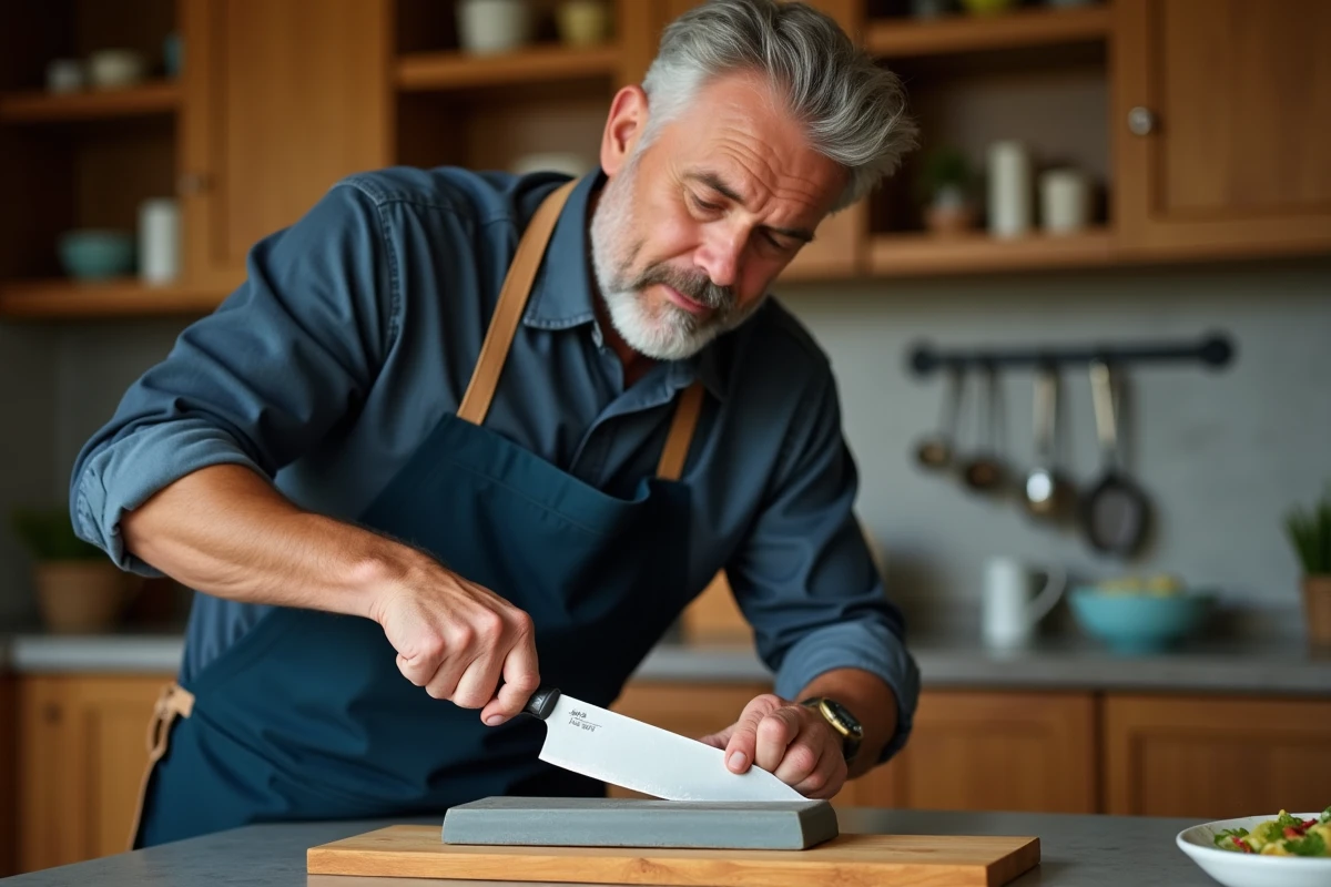 Homme aiguisant un couteau de cuisine sur une pierre à aiguiser posée sur un plan de travail en bois