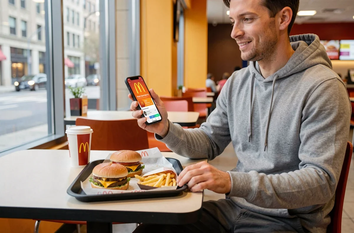 Homme utilisant l'application McDonald's pour obtenir des réductions et économiser sur son menu