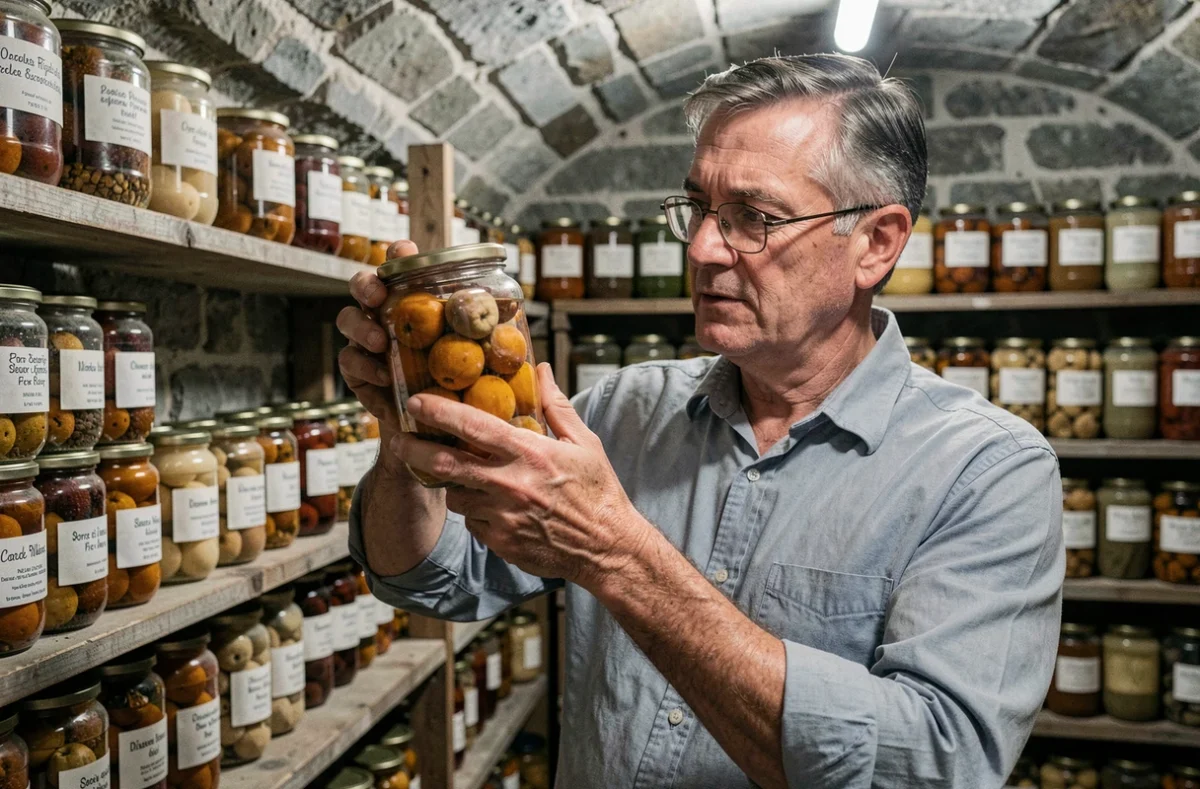 Homme inspectant un bocal de fruits conservés à l'alcool dans une cave en pierre avec des rangées de conserves maison en arrière-plan