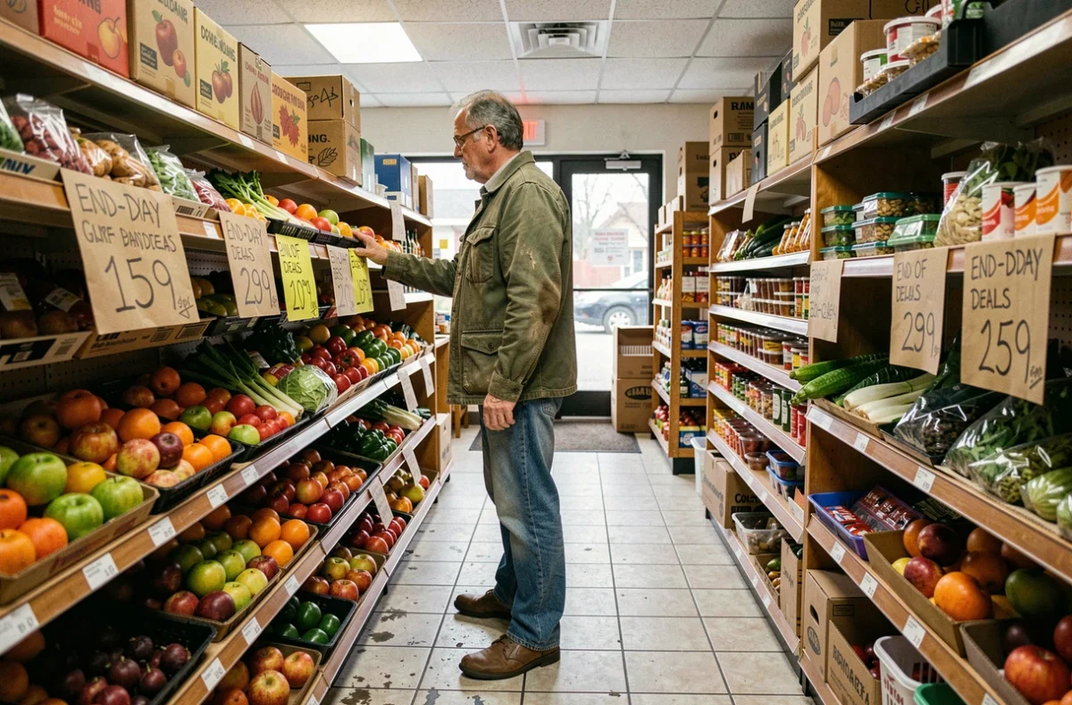 Homme faisant ses courses dans une épicerie de quartier avec des invendus en promotion en fin de journée