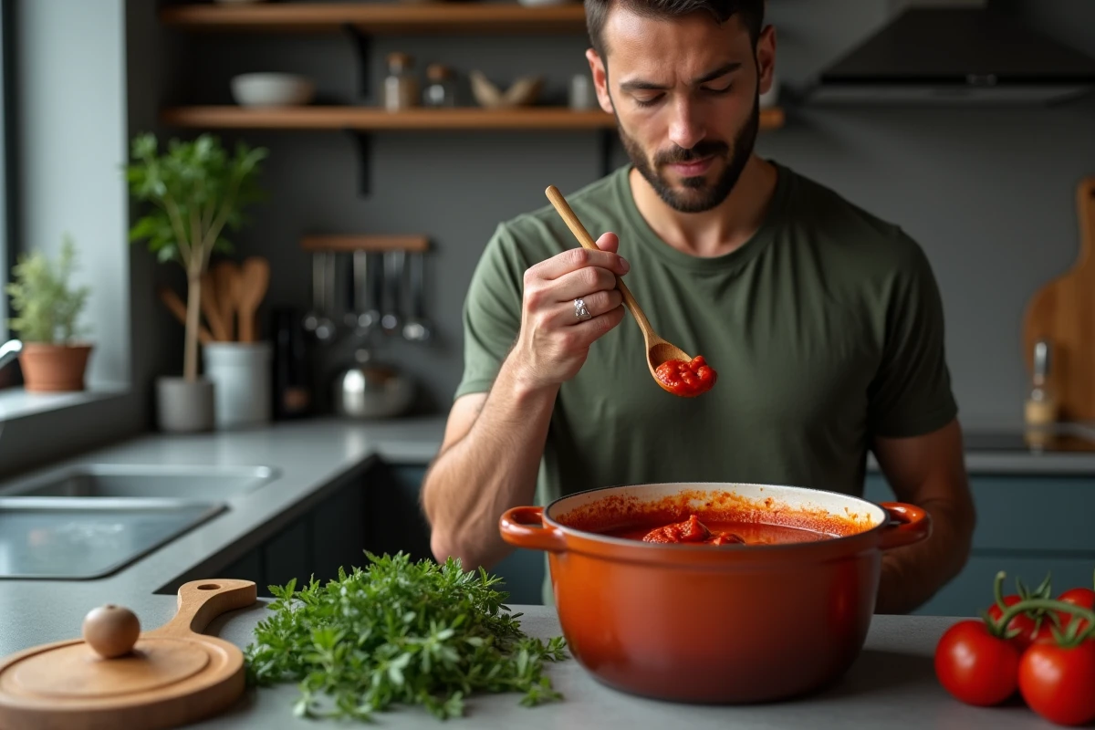 Homme goûtant une sauce tomate à l'origan avec une cuillère en bois dans une cuisine moderne