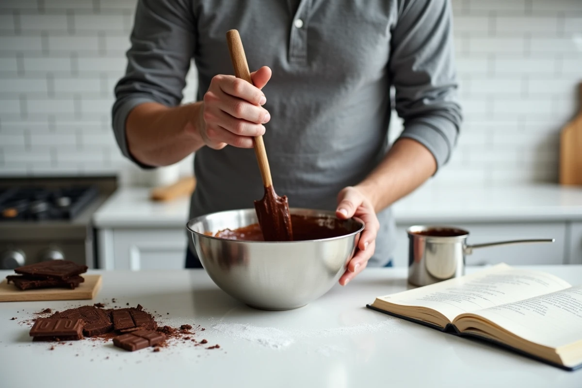 Homme incorporant du chocolat fondu à la main dans une pâte à gâteau, cuisine moderne avec carrelage blanc