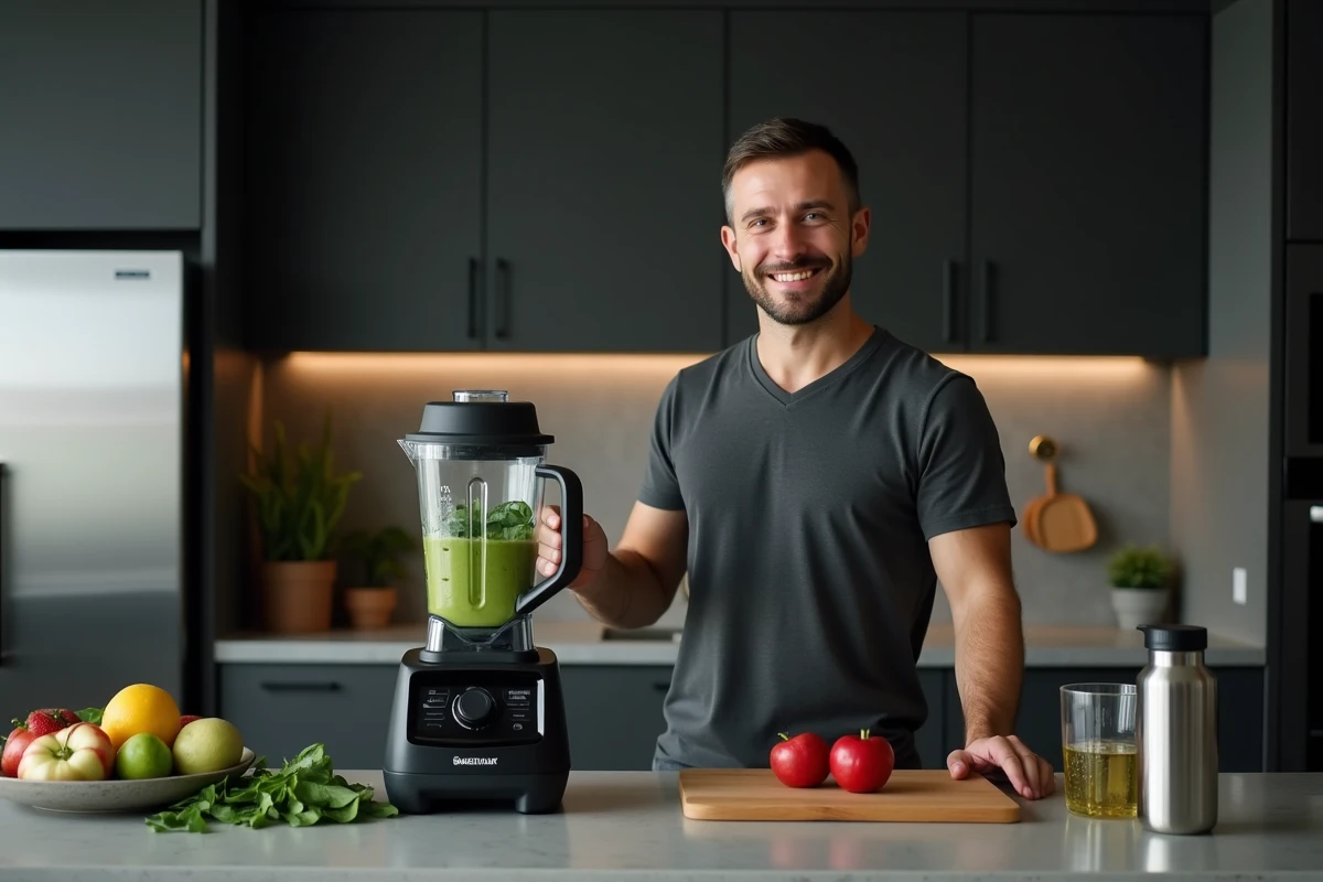 Homme actionnant un mixeur rempli de légumes verts pour préparer un smoothie santé dans une cuisine moderne minimaliste