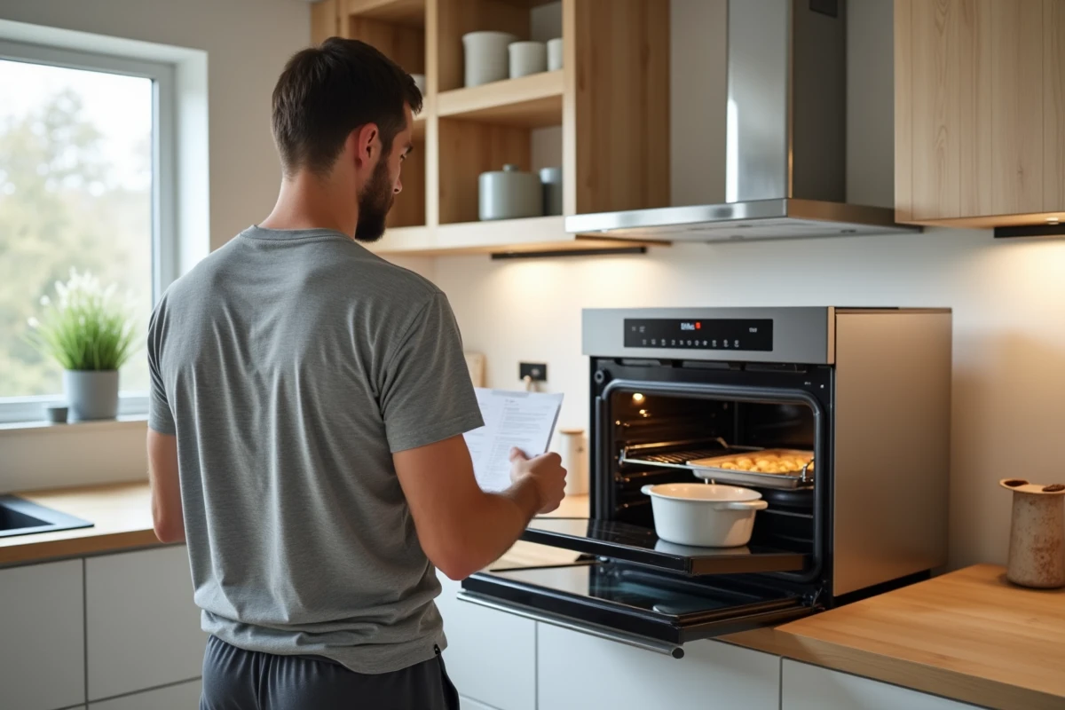 Homme consultant une recette devant un four configuré pour la cuisson à la vapeur