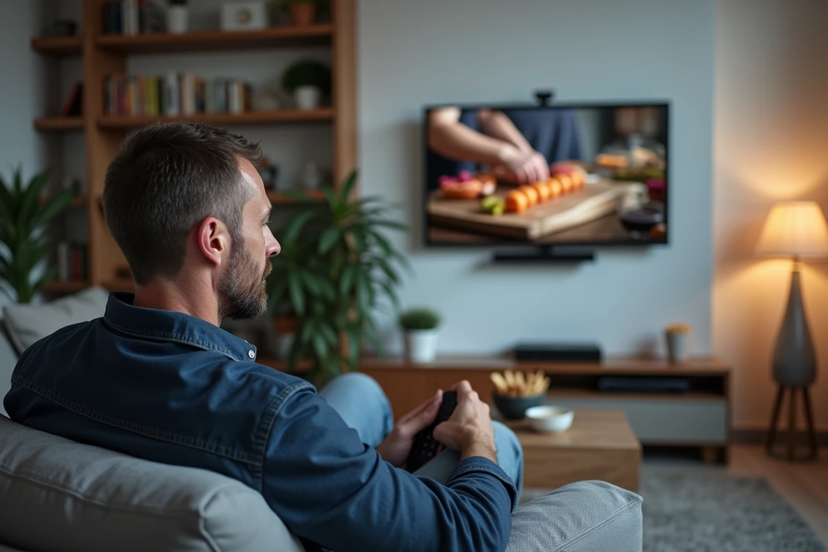 Homme regardant une émission de pâtisserie à la télévision dans son salon confortable