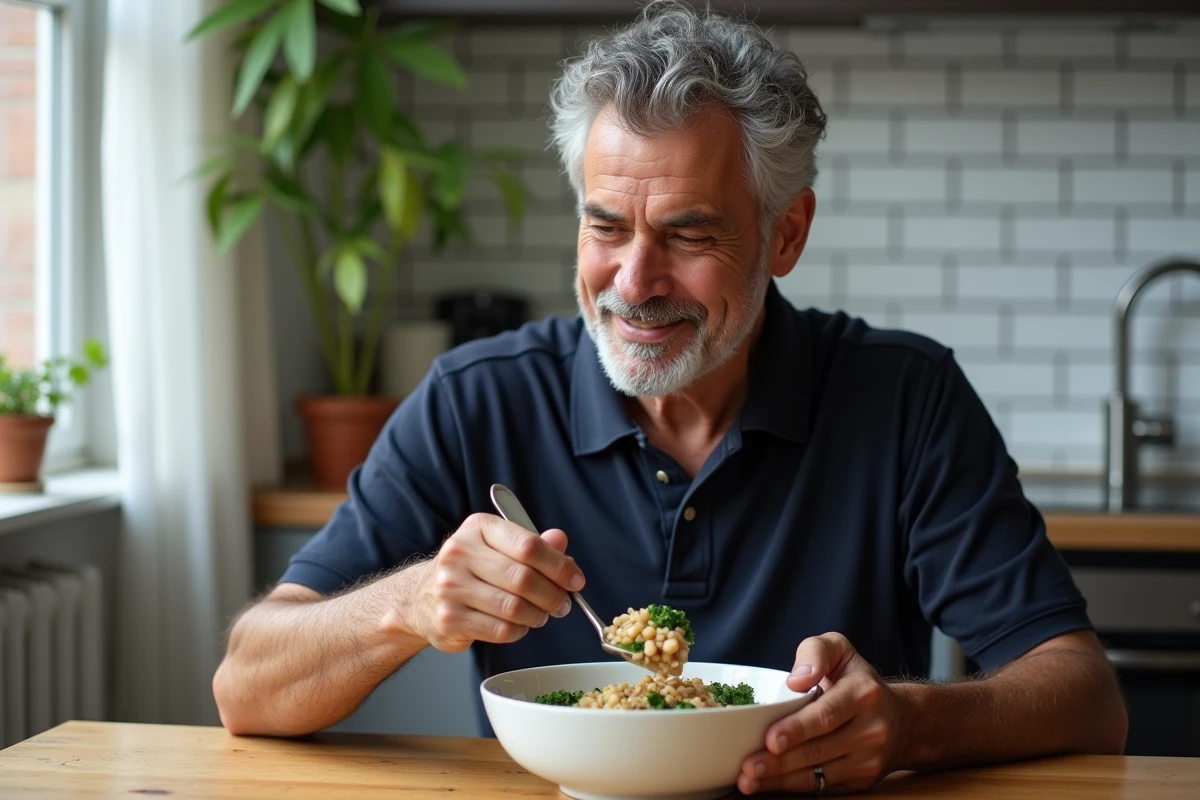 Homme d'âge mûr mangeant un bol de riz complet et haricots blancs dans une cuisine urbaine