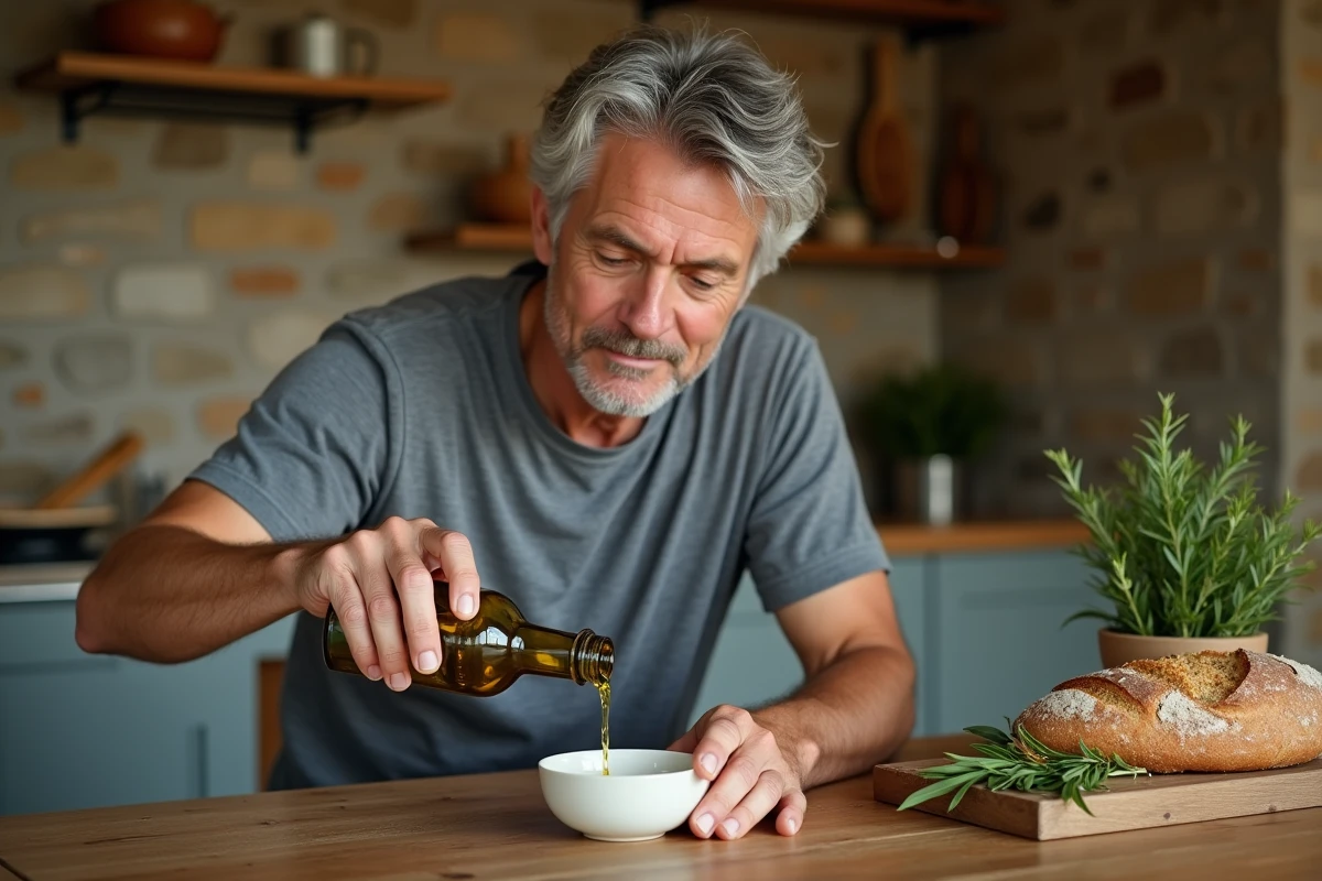 Homme versant de l'huile d'olive extra vierge dans un ramequin comme substitut au beurre pour réduire le cholestérol, dans une cuisine méditerranéenne rustique
