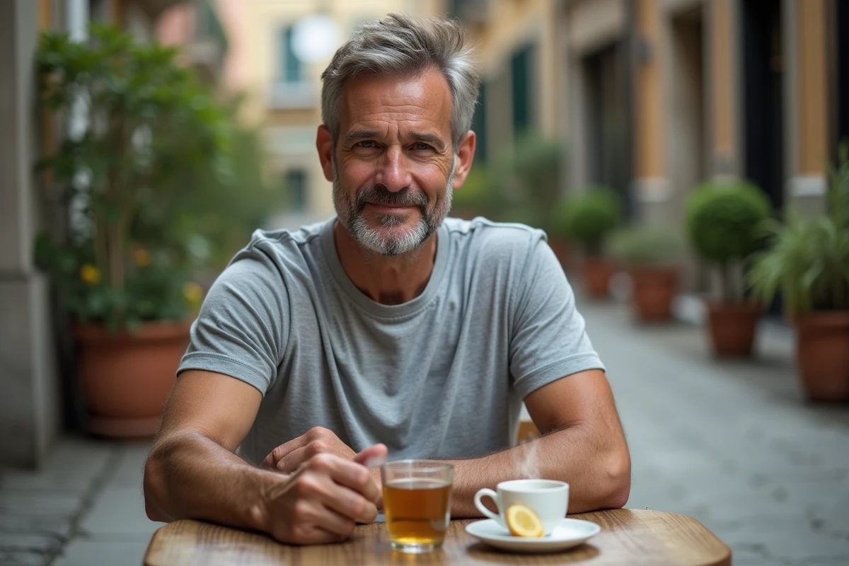 Homme buvant une infusion de pissenlit et gingembre en terrasse, boisson drainante et détoxifiante naturelle