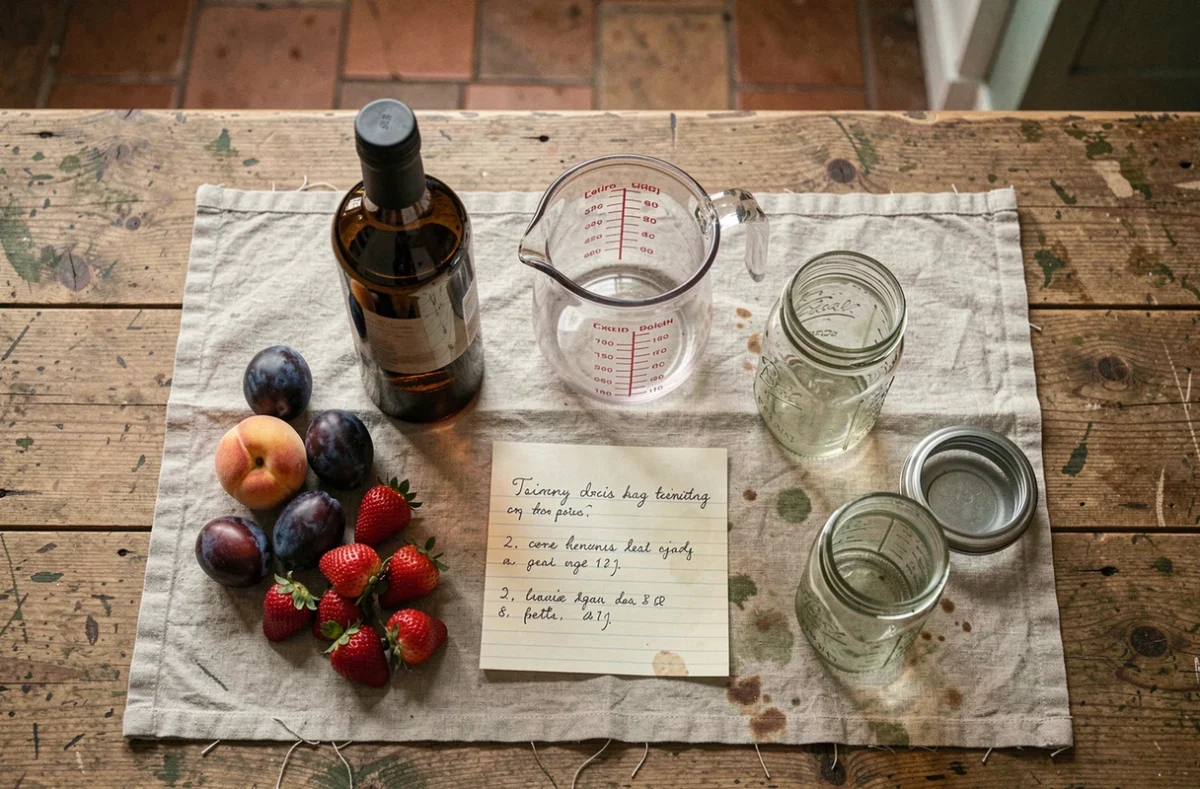 Vue aérienne des ingrédients pour la conservation des fruits à l'alcool 90 avec bocaux, fruits frais et mesures sur table en bois