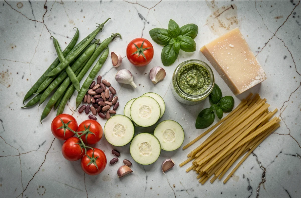 Ingrédients frais pour soupe au pistou provençale disposés sur un plan de travail en marbre : légumes, basilic, ail et pistou