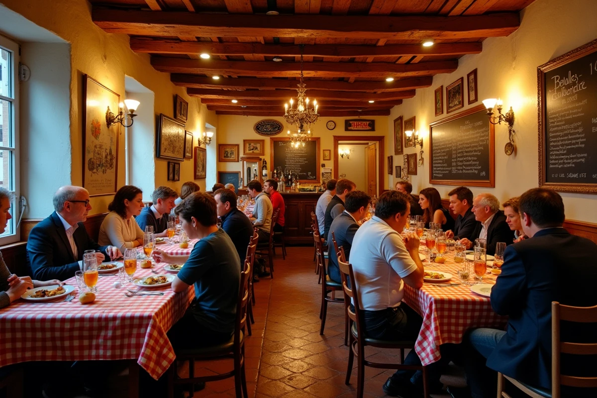 Salle comble d'un bouchon lyonnais traditionnel un samedi soir, tables rapprochées avec nappes à carreaux et ardoise de plats régionaux