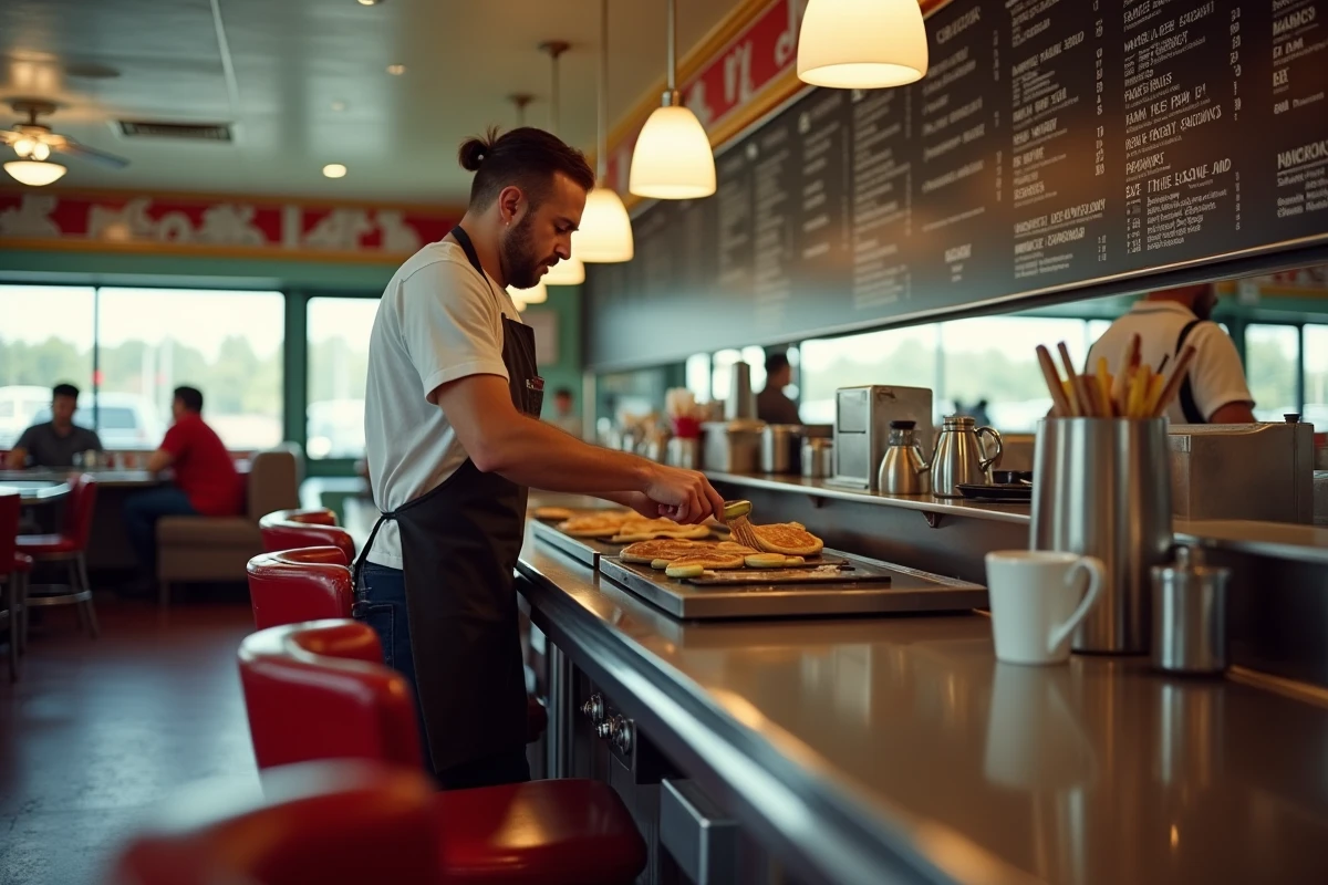 Intérieur d'un diner américain classique avec comptoir chromé cuisinier et clients en arrière-plan