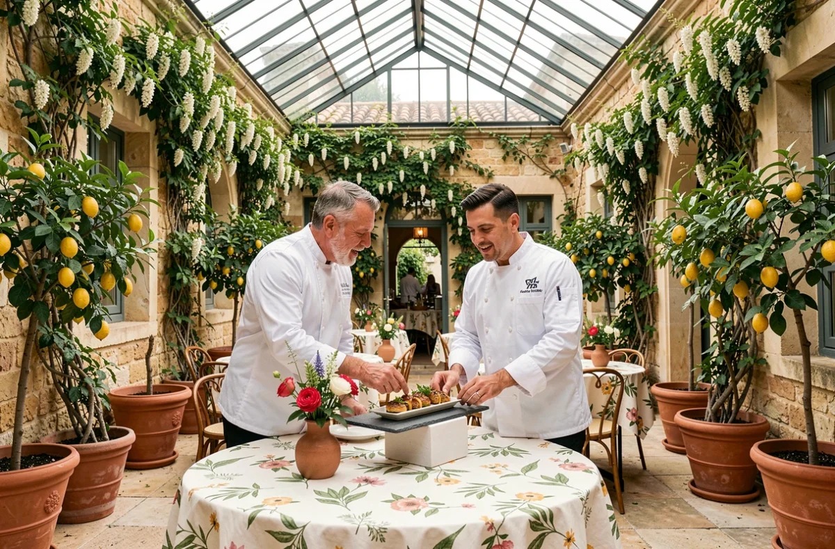 Deux chefs du Jardin des Sens à Montpellier discutant d'un plat dans le patio végétalisé sous une verrière