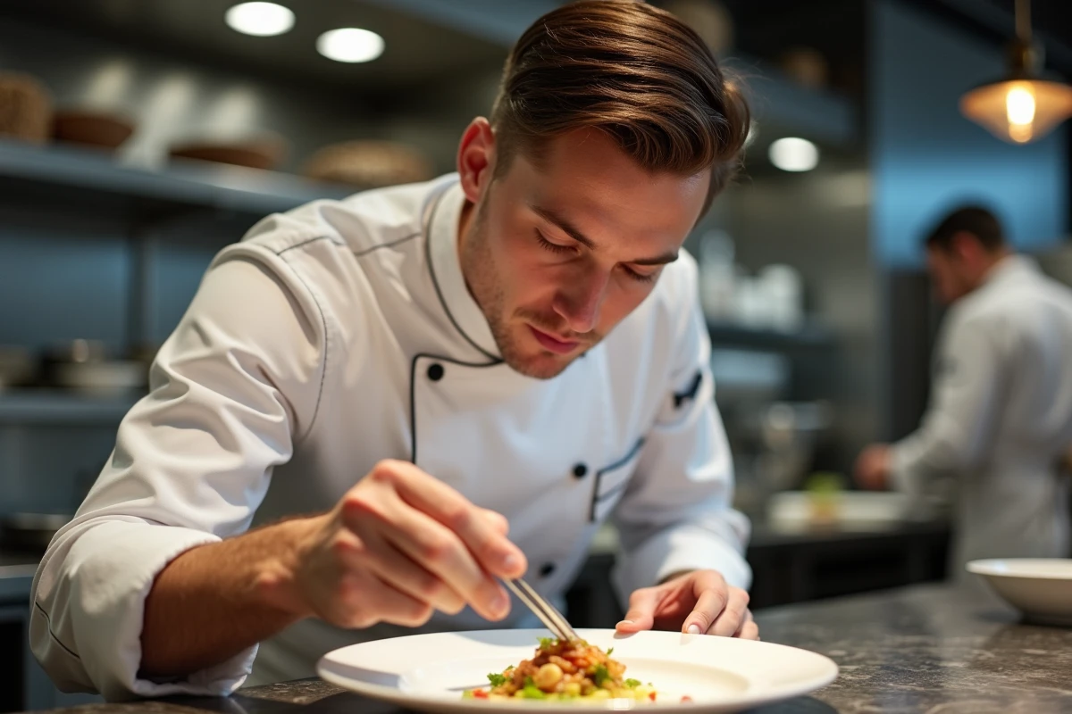 Jeune chef étoilé en train de dresser une assiette gastronomique dans une cuisine professionnelle moderne