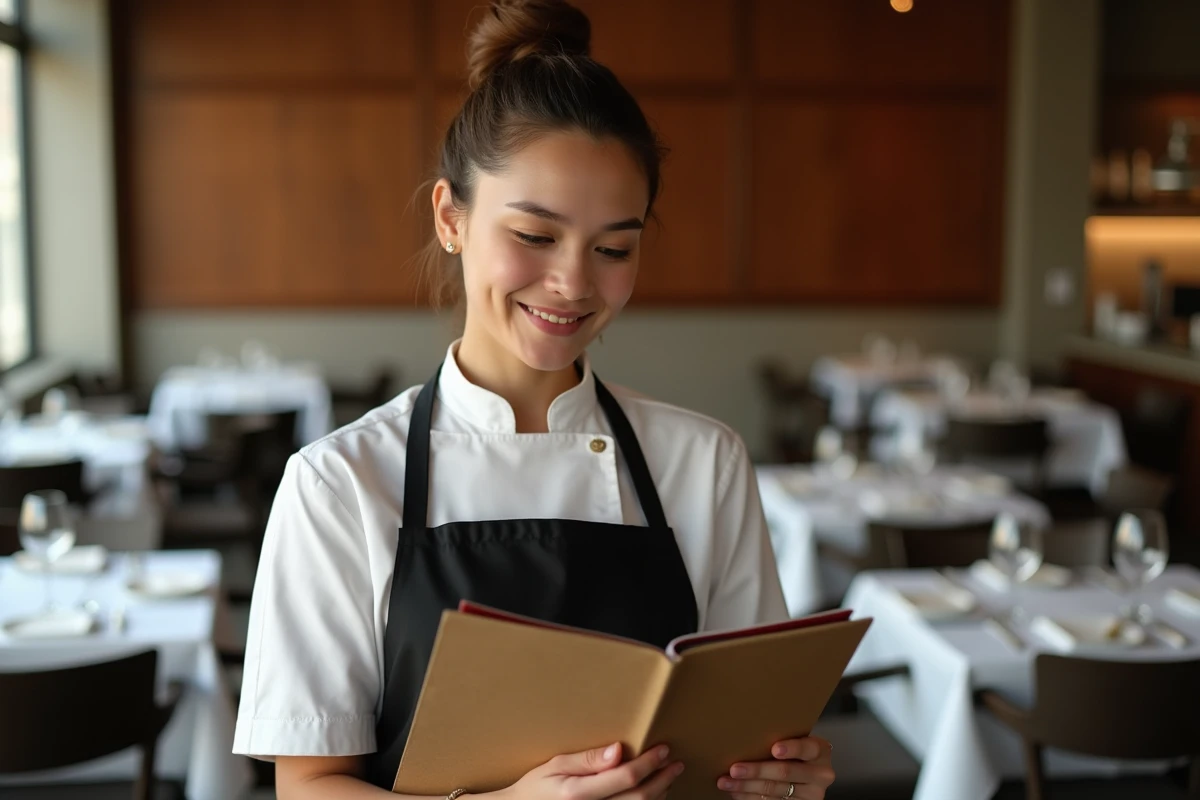 Jeune cheffe étoilée consultant son menu dégustation dans un restaurant gastronomique à cuisine ouverte