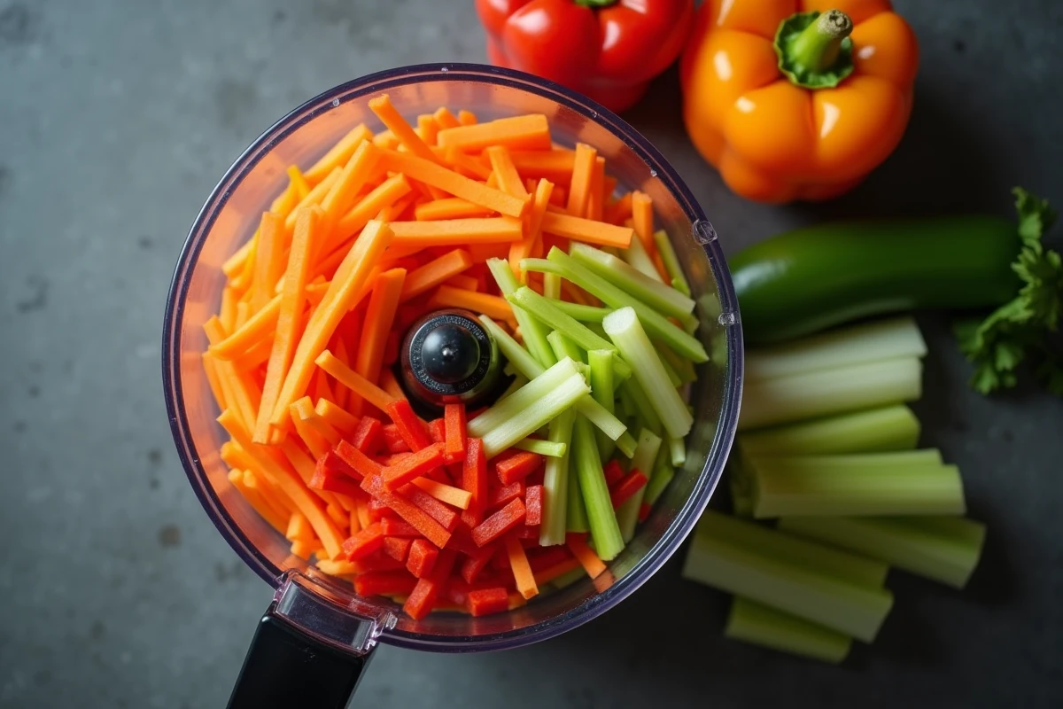Légumes en julienne finement coupés dans le bol d'un robot culinaire sur un plan de travail en ardoise