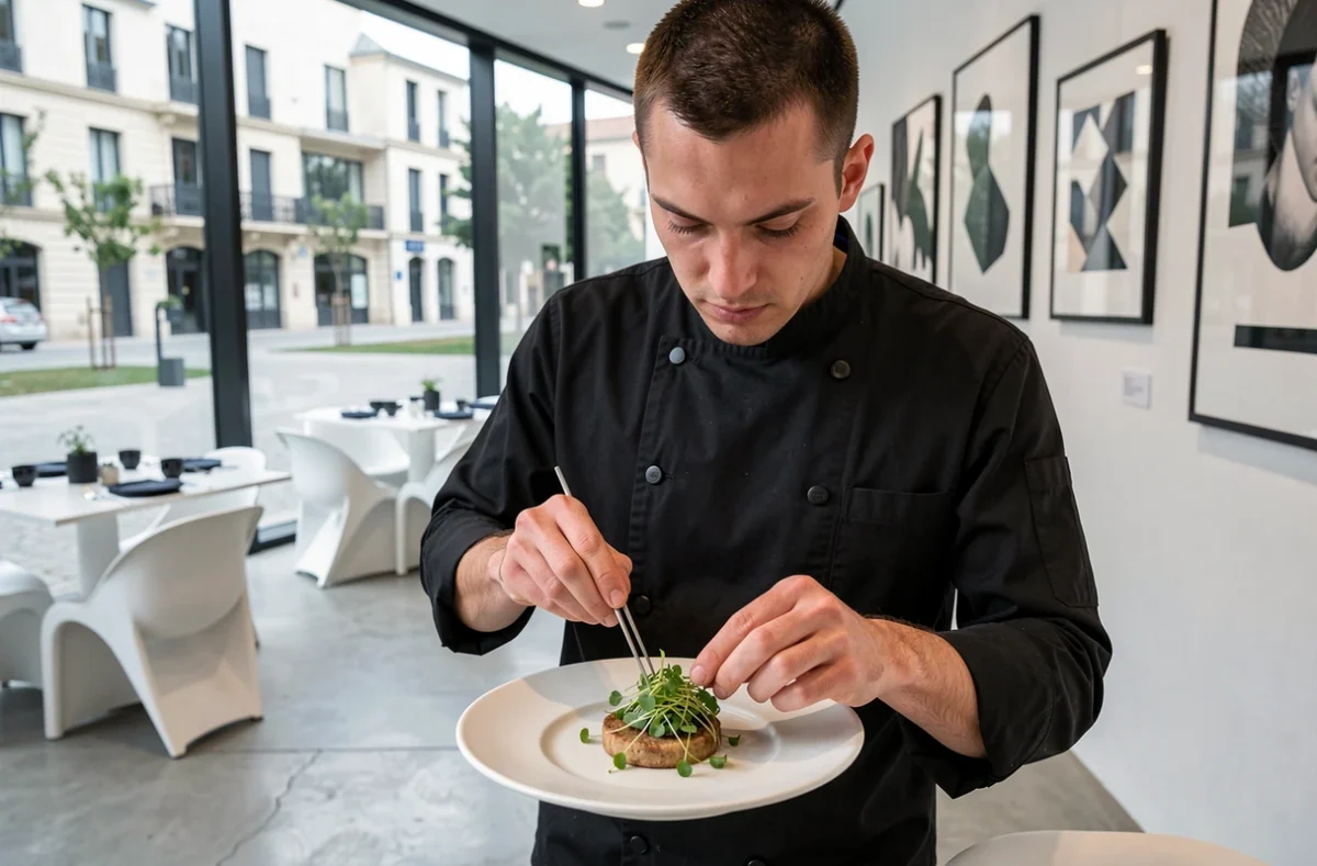 Chef du restaurant Le Skab à Nîmes dressant avec précision une assiette moderne dans un cadre contemporain épuré