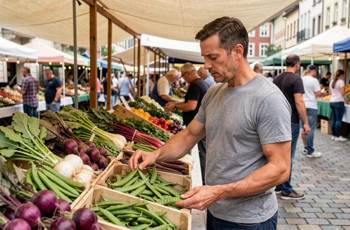 Homme choisissant des légumes en S comme la scorsonère et les pois gourmands sur un marché de plein air