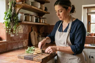 Femme préparant des salsifis sur une planche en bois dans une cuisine rustique pour une recette du soir rapide