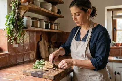 Femme préparant des salsifis sur une planche en bois dans une cuisine rustique pour une recette du soir rapide