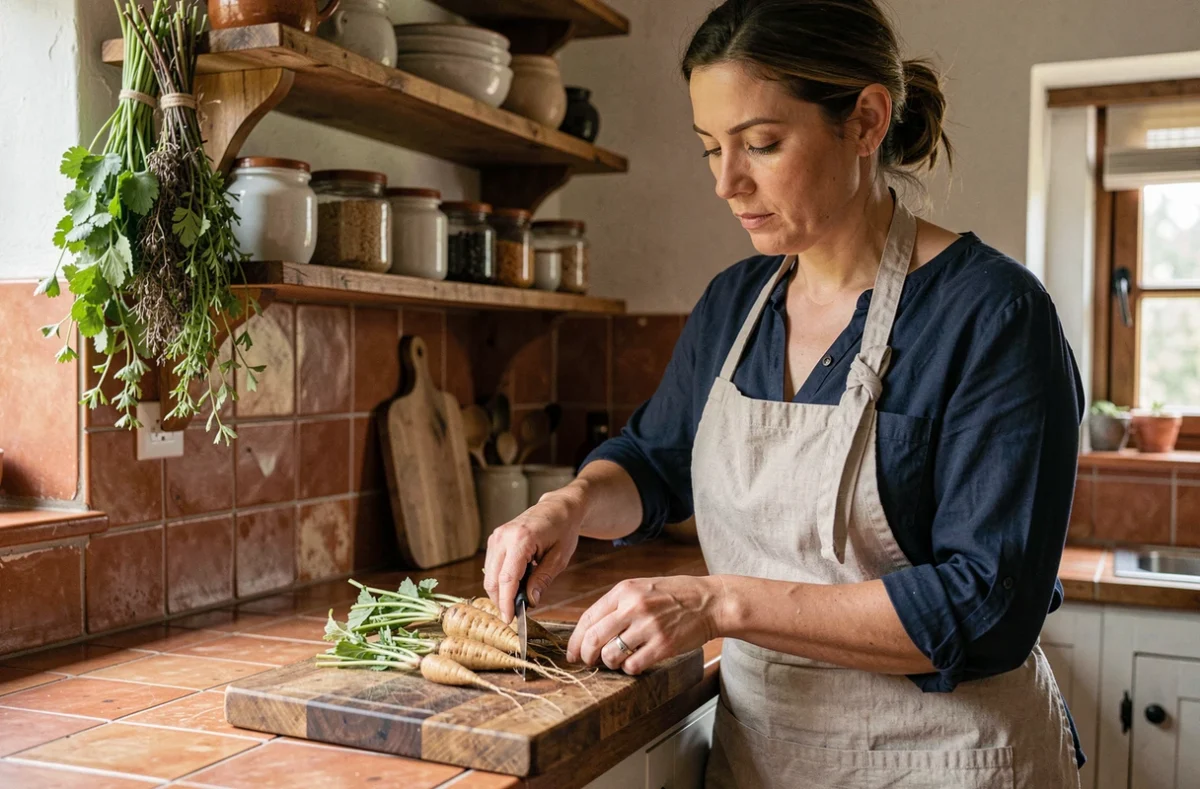Femme préparant des salsifis sur une planche en bois dans une cuisine rustique pour une recette du soir rapide