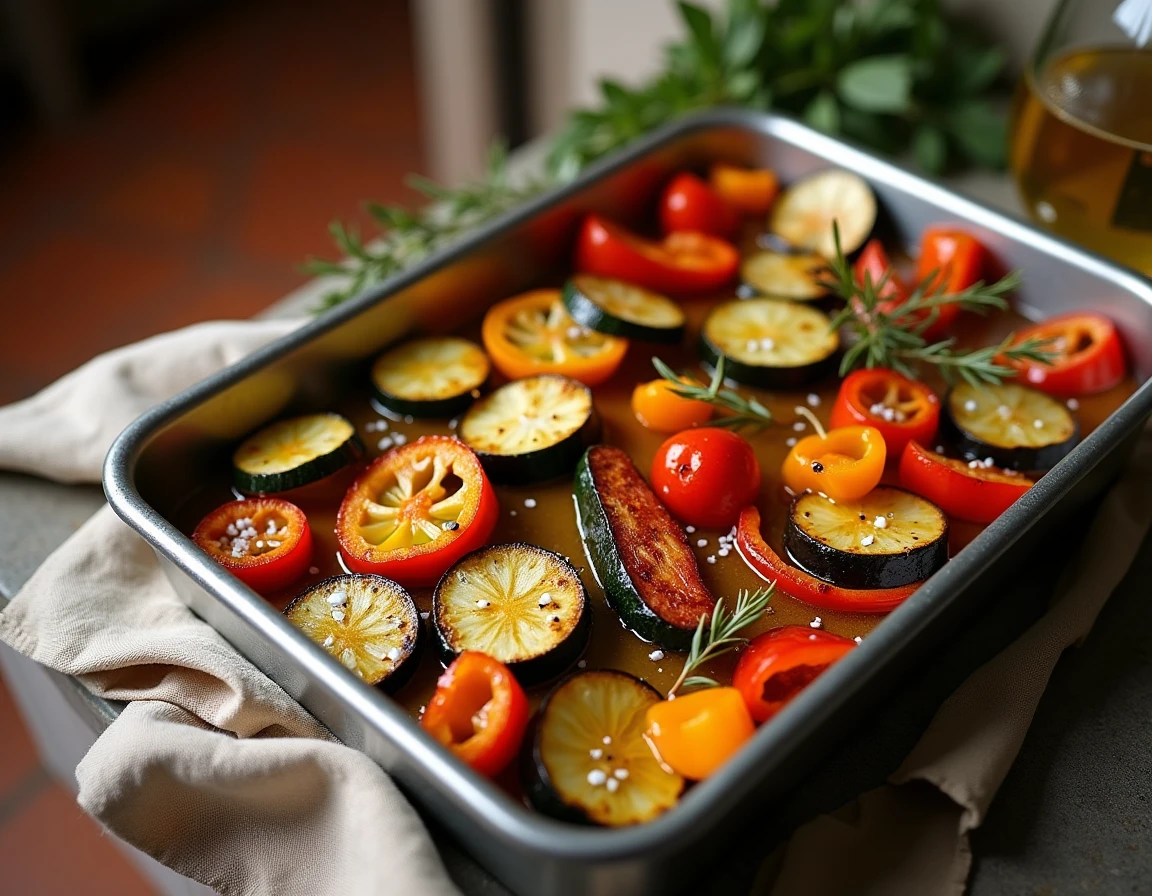 Plateau de légumes d'été rôtis colorés — courgettes, poivrons et aubergines — grillés et luisants d'huile d'olive