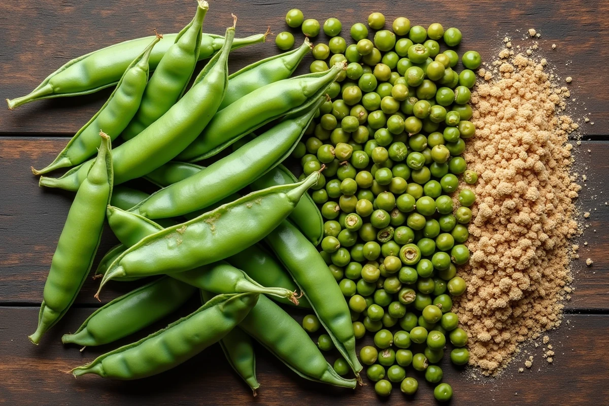 Légumes riches en protéines disposés en flat lay : edamame, lentilles vertes, pois chiches et petits pois frais sur une table en bois