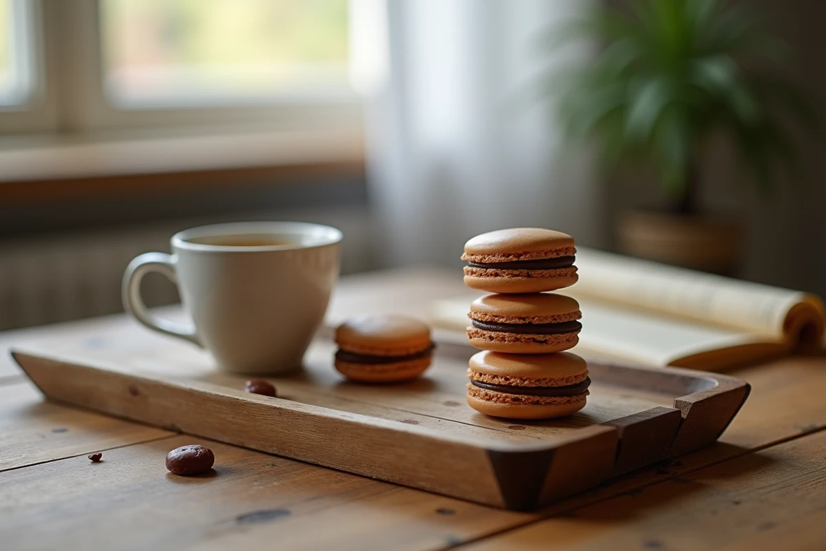 Macarons au chocolat empilés sur un plateau en bois rustique à côté d'une tasse d'expresso sur une table en chêne, ambiance maison
