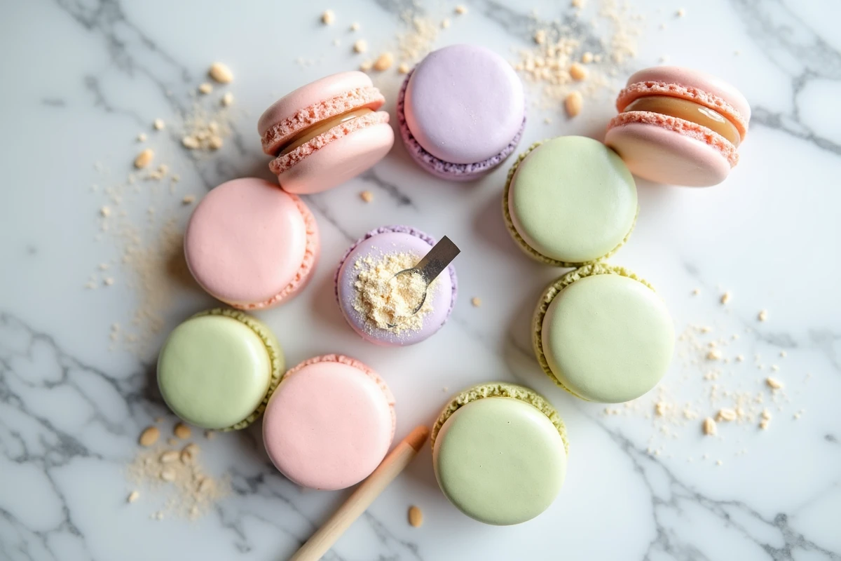 Assortiment de macarons traditionnels aux couleurs pastel disposés en cercle sur un plan de travail en marbre blanc, vus de dessus