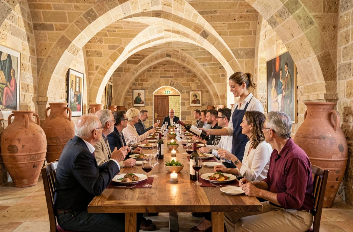 Salle voûtée en pierre de la Maison Saint-Crescent à Narbonne avec sommelier présentant un vin du Languedoc