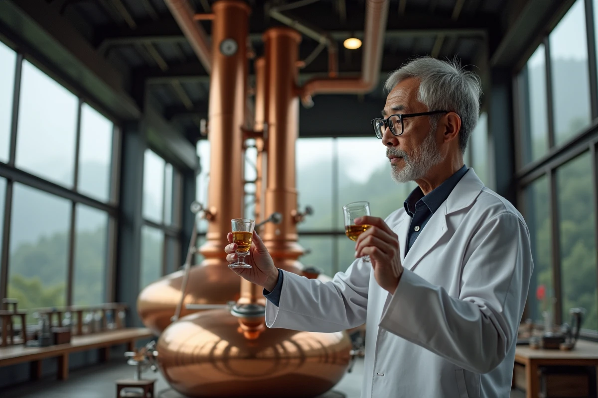 Maître distillateur japonais inspectant un alambic en cuivre dans une distillerie moderne au pied des Alpes japonaises
