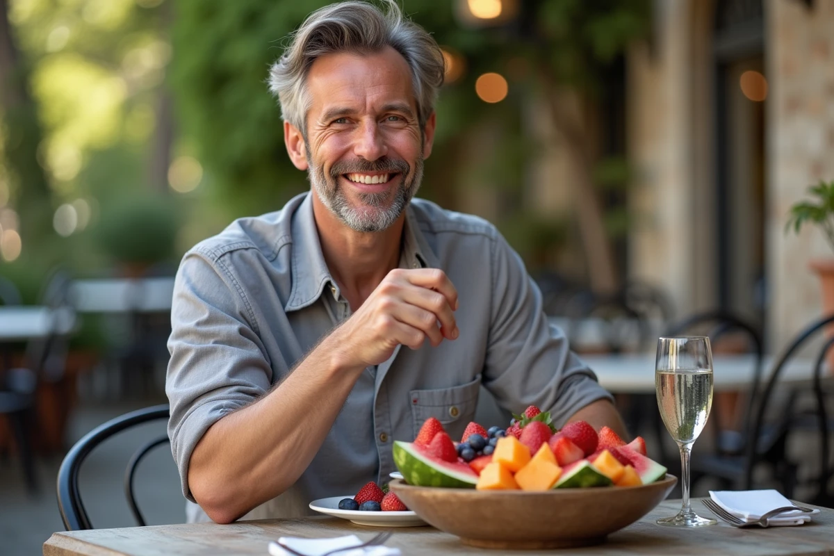 Homme savourant un grand bol de fruits frais à faible densité calorique en terrasse de café