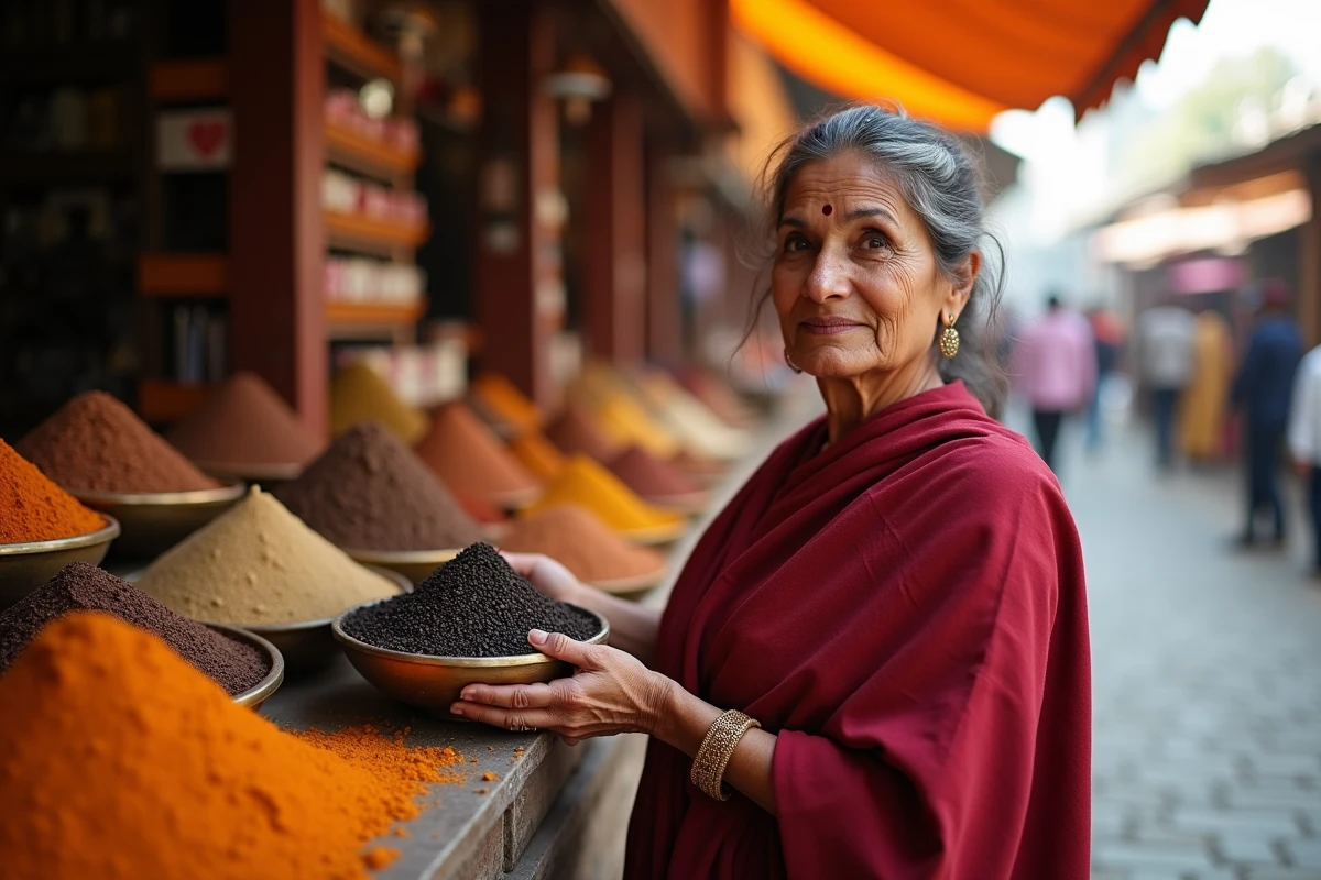 Femme sud-asiatique dans un marché aux épices traditionnel tenant du poivre noir fraîchement moulu dans un bol en laiton entouré d'épices colorées