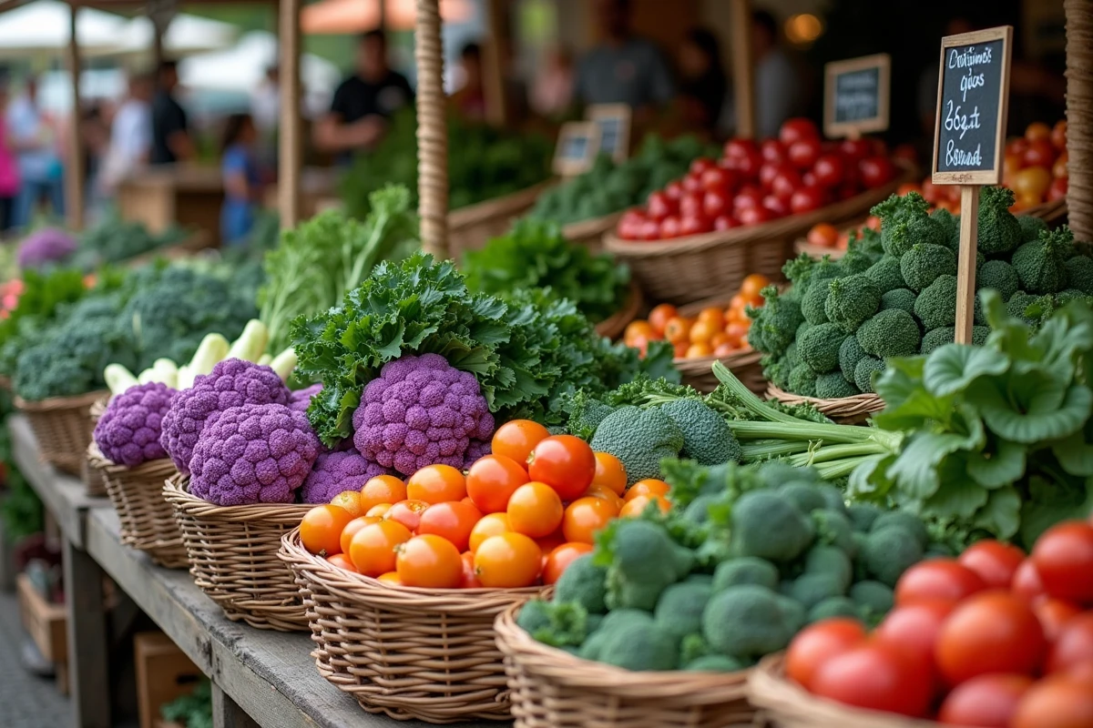 Étal de marché fermier en bois rempli de légumes frais et colorés de saison dans des paniers en osier rustiques