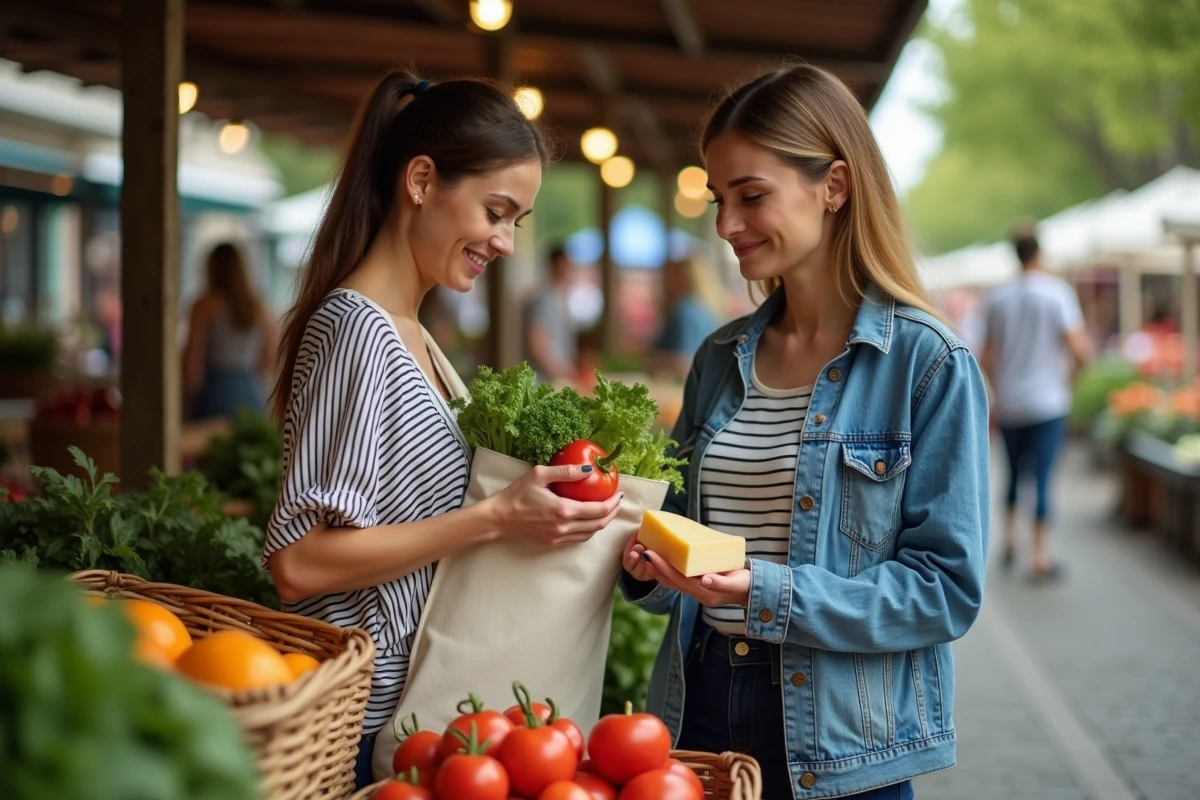 Deux femmes au marché fermier comparant des produits végétariens et végétaliens, avec légumes frais et fromage artisanal