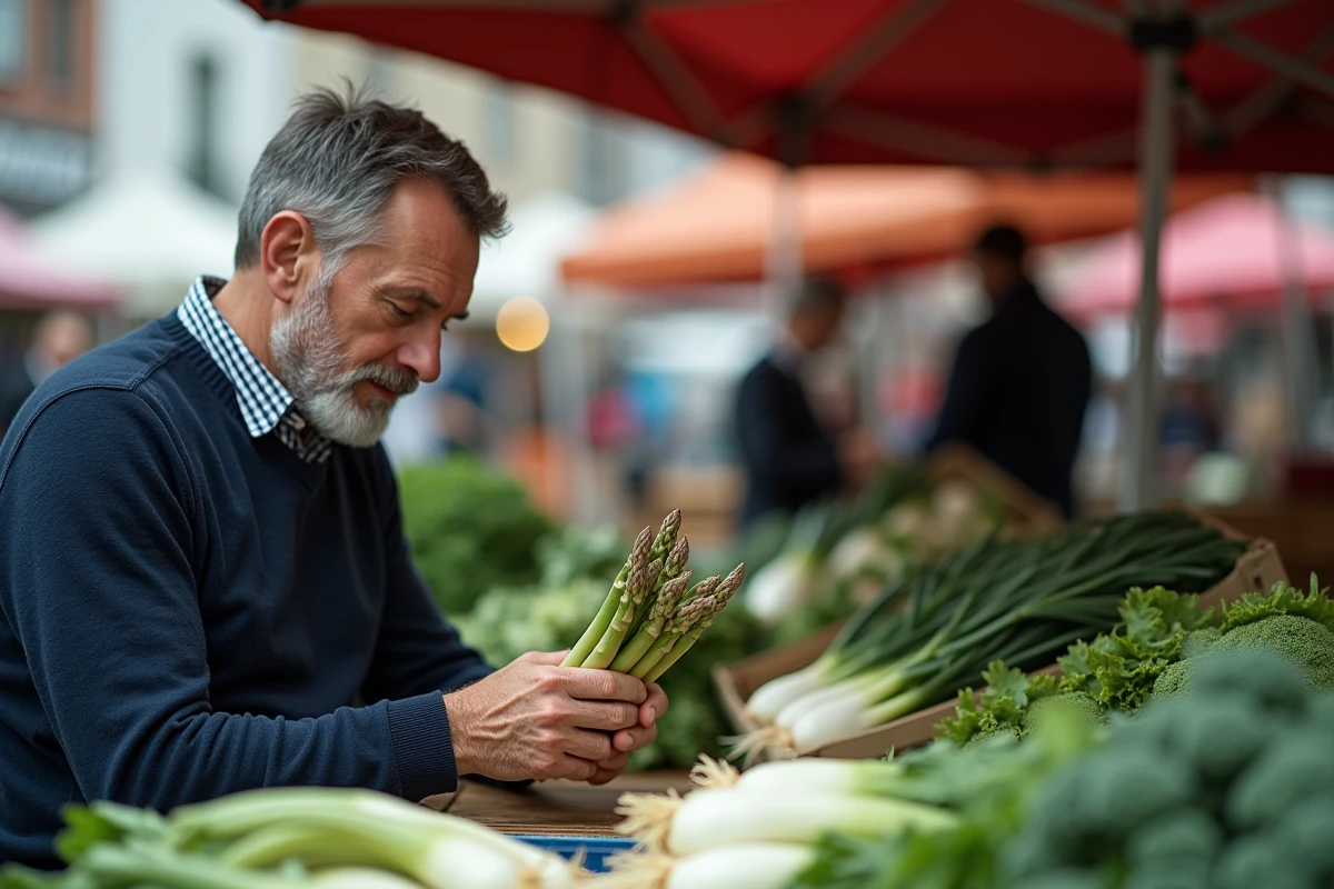 Homme choisissant des asperges fraîches et des légumes peu caloriques sur un marché en plein air entouré de poireaux, de brocoli et de laitue