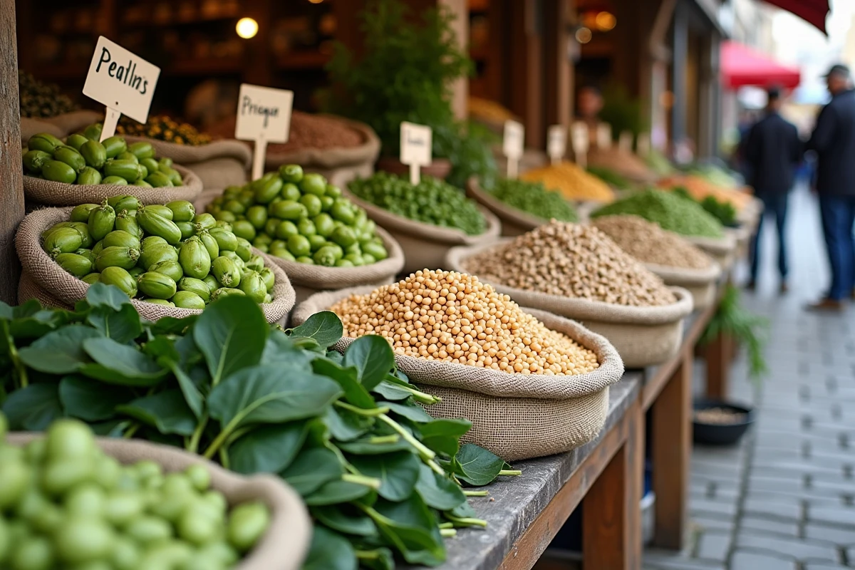Étal de marché fermier avec des légumes riches en protéines : fèves, edamame, pois chiches et épinards frais