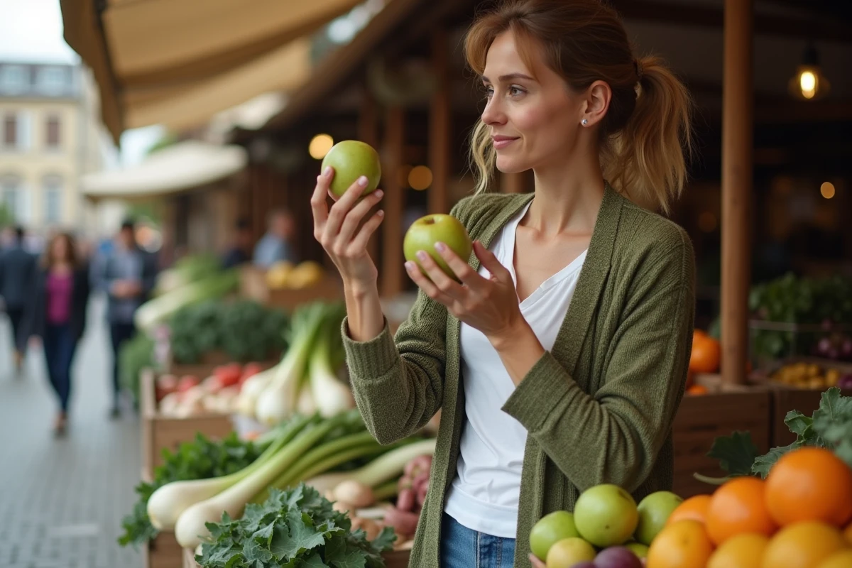 Femme choisissant des fruits et légumes frais sur un marché de producteurs en plein air pour une alimentation saine