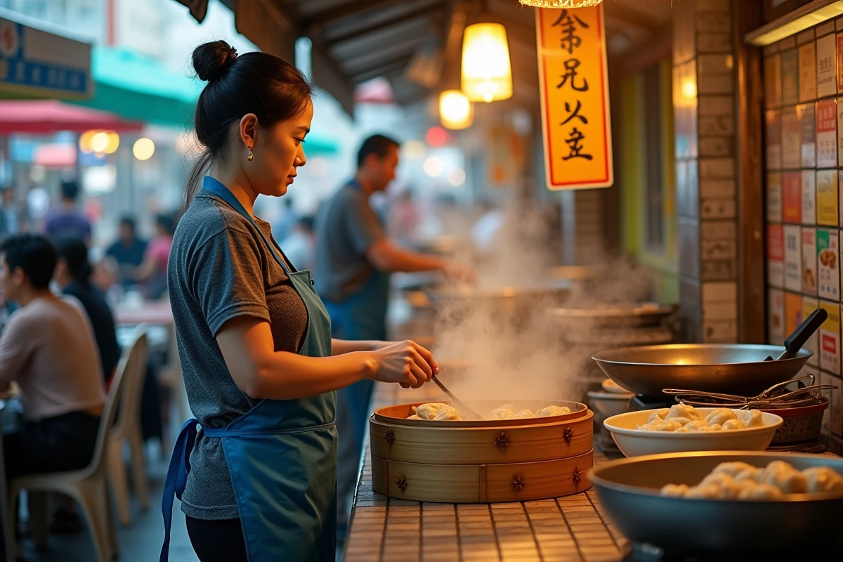 Marché alimentaire en plein air en Chine avec vendeurs de dim sum et tables bondées de clients