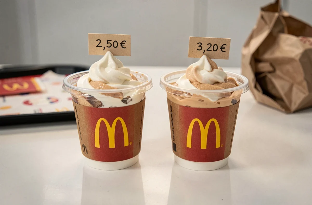 Deux McFlurry McDonald's côte à côte avec étiquettes de prix différents illustrant l'écart tarifaire entre Paris et la province
