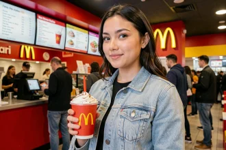 Jeune femme tenant un McFlurry McDonald's dans un restaurant parisien avec tableau de prix visible en arrière-plan