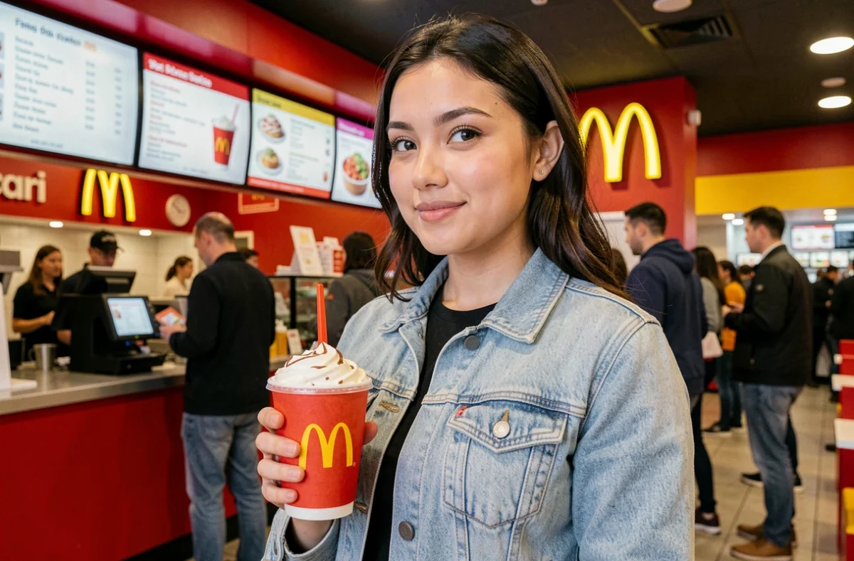 Jeune femme tenant un McFlurry McDonald's dans un restaurant parisien avec tableau de prix visible en arrière-plan