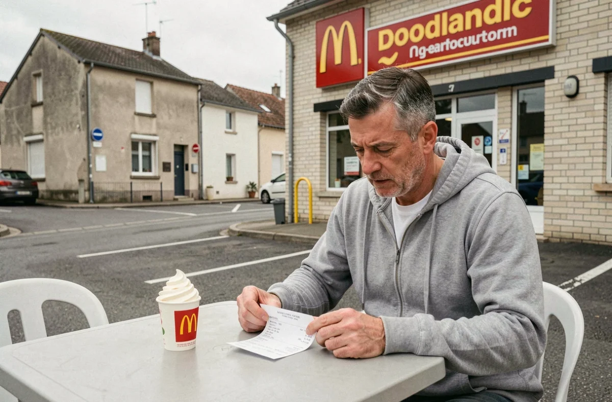 Homme consultant un ticket de caisse McDonald's devant un restaurant en province française avec McFlurry posé sur la table