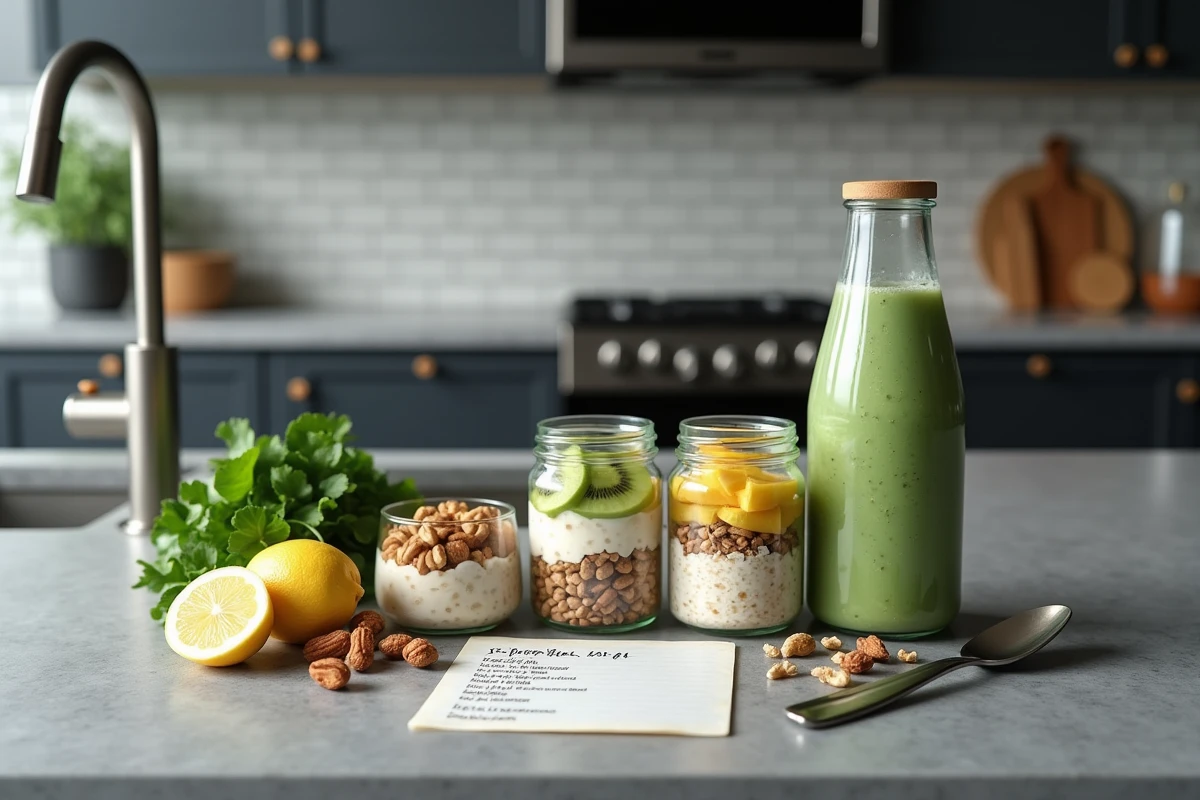 Préparation de petits-déjeuners sains pour la semaine avec des oeufs, flocons d'avoine et smoothie dans une cuisine moderne