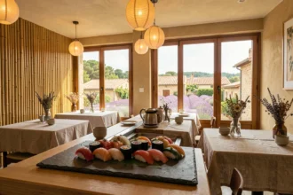 Vue grand angle d'un restaurant japonais élégant en Provence avec comptoir à sushis et paysage méditerranéen en arrière-plan